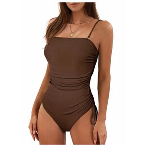 NEW Brown Ribbed Swimsuit 1 Pc Tummy Control Bathing Suit M